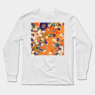 ORANGE BLUE WHITE SPRING FLOWERS IN GOLD YELLOW Antique Japanese Floral Long Sleeve T-Shirt